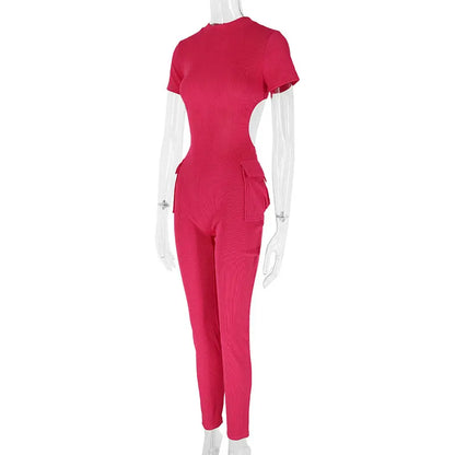 Spring New Women's Jumpsuits Sexy Sweet Pink Hollow Out Jumpsuit Streetwear Fashion Pockets Short Sleeve Female Elegant Rompers