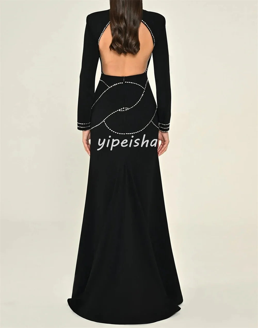 Customized Sizes Available Exquisite Jersey Rhinestone A-line High Collar Long Dresses Bespoke Occasion Dresses High Quality