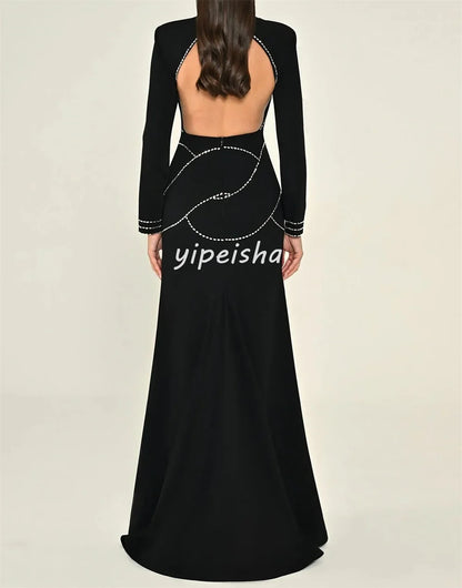 Customized Sizes Available Exquisite Jersey Rhinestone A-line High Collar Long Dresses Bespoke Occasion Dresses High Quality