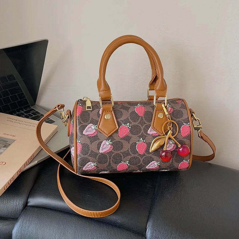 2026 Luxury Designers Crossbody Bags Cherry Pattern PU Leather Boston Handbag Shoulder Bags Bolsos Mujer Bags Woman Tote Bag