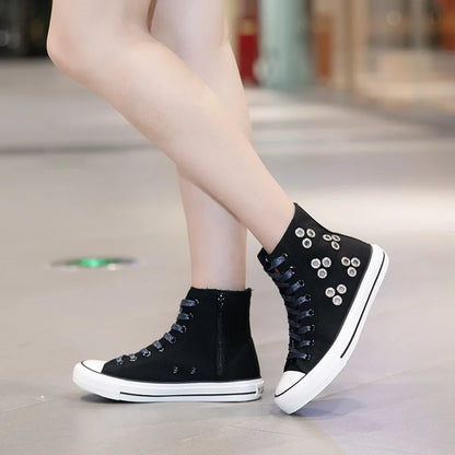 Breathable Hollow Canvas Short Boots Summer Women Black Casual Shoes Punk Rivet Flat Bottomed Shoes 2CM Woman High top Sneakers