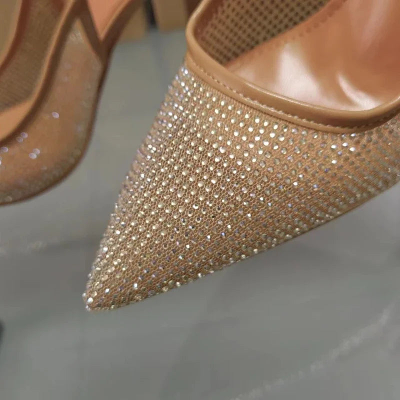 Luxury Brand Women Summer Shoes Pointed Toe Bright Rhinestone Design Mesh High Heeled Elegant Party Nightclub Shoes for Ladies