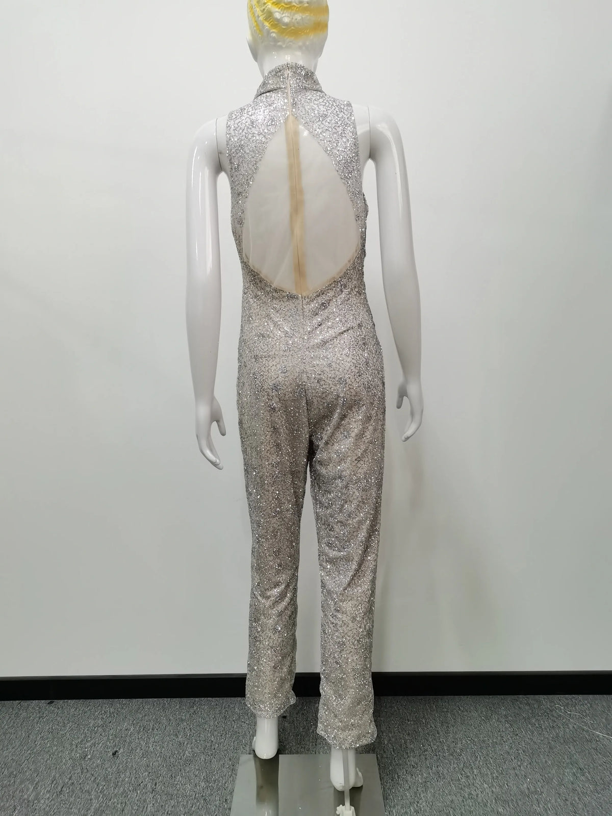 Women's Jumpsuit Sleeveless Halter Neck Jumpsuits Full Length Crystal Romper Fitted Waist Rhinestone Long Jumpsuit For Woman
