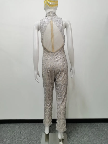 Women's Jumpsuit Sleeveless Halter Neck Jumpsuits Full Length Crystal Romper Fitted Waist Rhinestone Long Jumpsuit For Woman