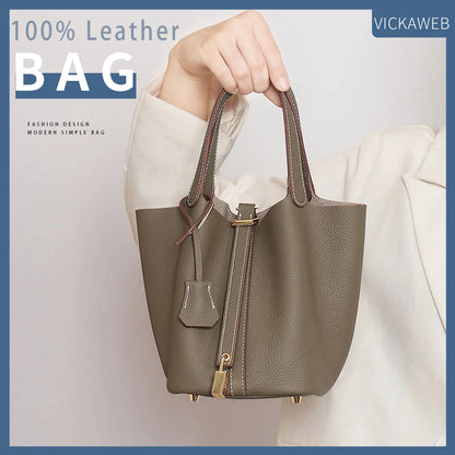 Women Tote Bags 100% Genuine Leather Bucket Female Fashion Solid Designer Shopper Shoulder Handbags Brand Trend Purses