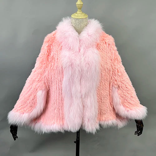 New Real Genuine Natural Knitted Rabbit Fur Shawl Coat With Fox Fur Collar Women's Fashion Knit Jacket Cape