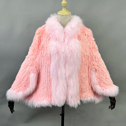 New Real Genuine Natural Knitted Rabbit Fur Shawl Coat With Fox Fur Collar Women's Fashion Knit Jacket Cape