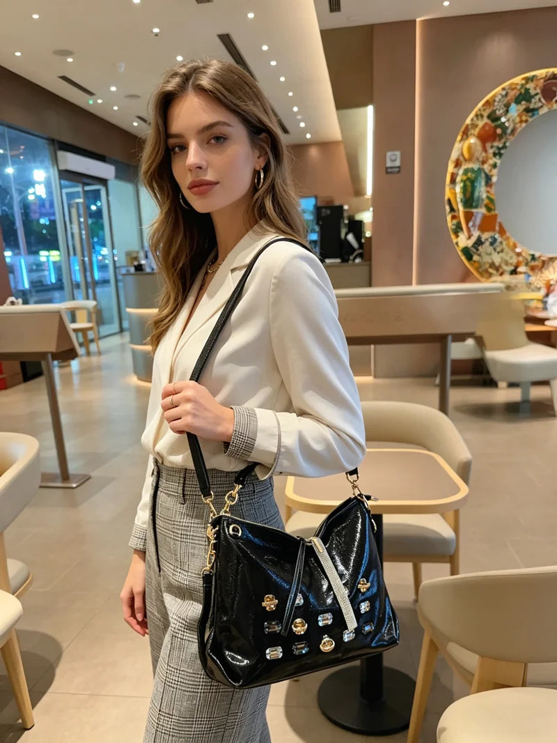 2026 New Fashion Diamonds Women Handbags Genuine Leather Tote Bag Large Capacity Work Commute Leisure Versatile Shoulder Bags