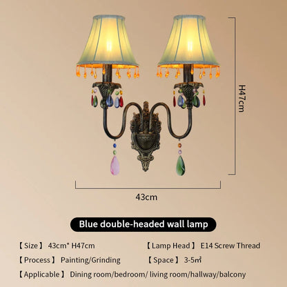 Retro American European Iron Art Red Cloth Crystal Wall Lamp for Hall Restaurant Bedroom Walkway Hotel Bar Decorative Wall Light