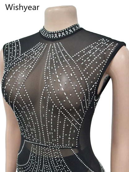 Women One Piece Party Jumpsuit High Neck Sheer Mesh Rhinestone Beading Cap Sleeve Bodycon Long Romper for Cocktail Club Night
