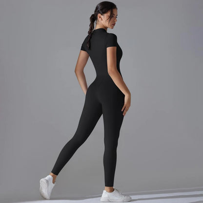 Womens Jumpsuits Short Sleeve Yoga Slim Fit Stretch One Piece Romper Sexy Fitness Female Basic Sportwears Black Zipper Ladies