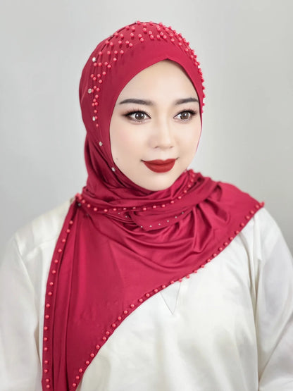 2026 Fashion Versatile Beaded Hijab for Women,Mid-Length Convenient Pull-over Hat Scarf,Malay Shawl Pure Color Women's Headscarf