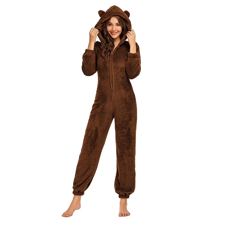 Women's Fleece Oneseies Zip Up Hooded Pajamas Rompers Cozy Sleepwear Pyjamas Autumn Winter Warm Loungewear Jumpsuit