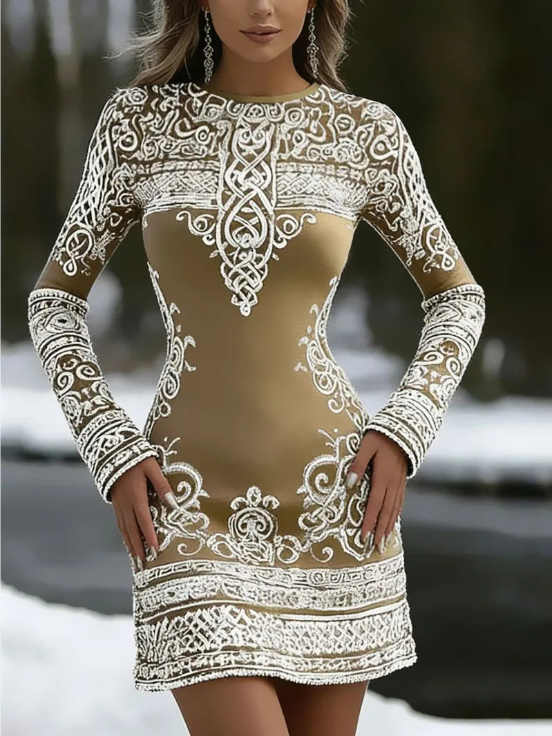 Slim Fit Round Neck Long Sleeved Hip Hugging Short Skirt Dress for Women Elegant Slimming Atmosphere Dress