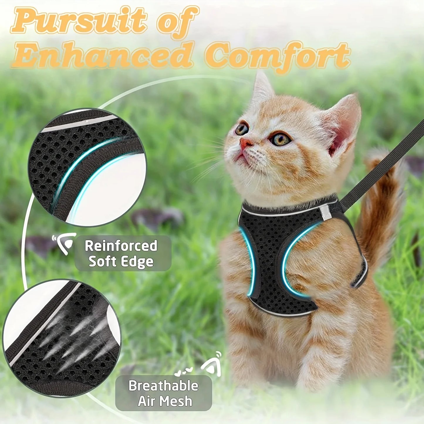 Escape-Proof Cat Harness & Leash Set: Reflective Soft Mesh Vest for Safe Outdoor Adventures with Your Kitten