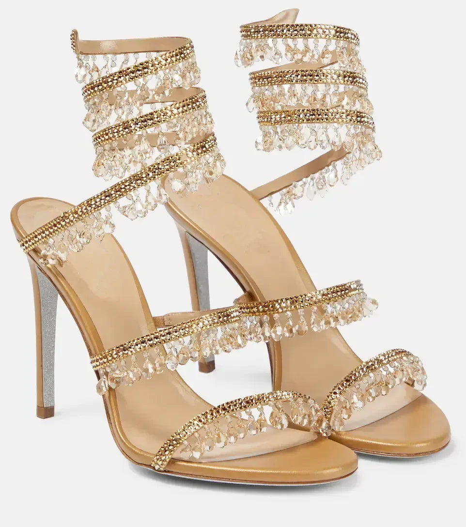 2026Women's New Water Diamond Sandals Fashion Tassel Crystal Shoes Sexy Banquet Party Twin Stiletto Women's Large Sandals