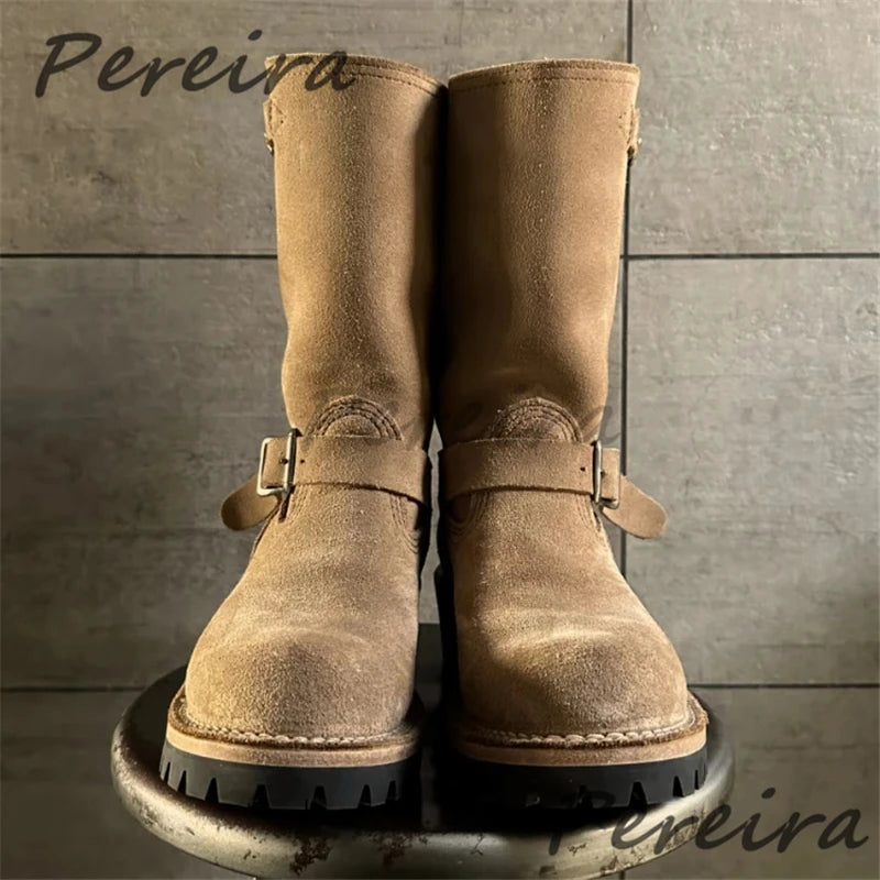 Metal Belt Buckle Sleeve Knight Boots for Men Retro Thick Soled Height Increasing Motorcycle Boots Autumn Winter Male Shoes