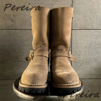 Metal Belt Buckle Sleeve Knight Boots for Men Retro Thick Soled Height Increasing Motorcycle Boots Autumn Winter Male Shoes
