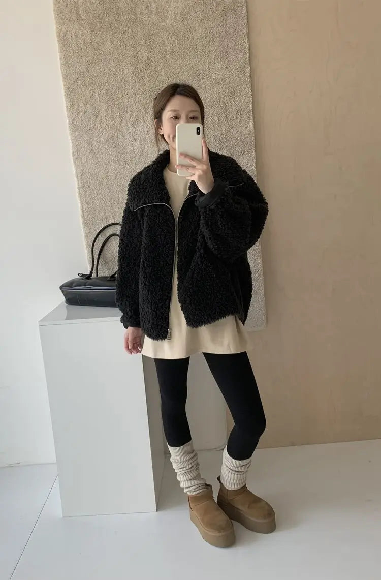 Fake Fleece Coat Women New Autumn Winter Casual Fleece-Lined Thickened Fur-Onepiece Coat Top