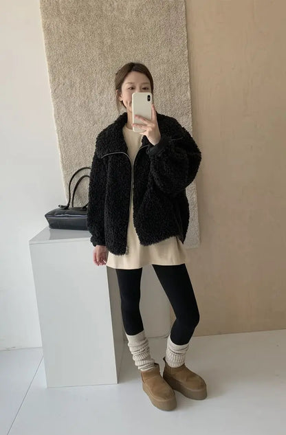Fake Fleece Coat Women New Autumn Winter Casual Fleece-Lined Thickened Fur-Onepiece Coat Top