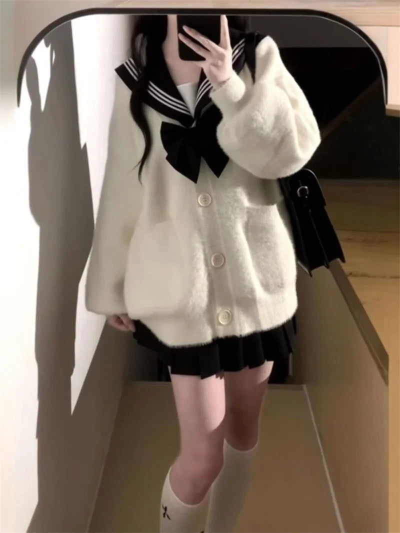 2025 New Japanese College Style Casual Loose Fitting Mink Fur Cardigan Jacket JK Trendy Skirt