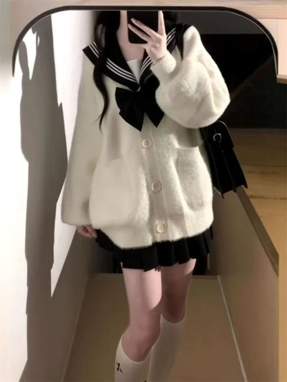 2025 New Japanese College Style Casual Loose Fitting Mink Fur Cardigan Jacket JK Trendy Skirt