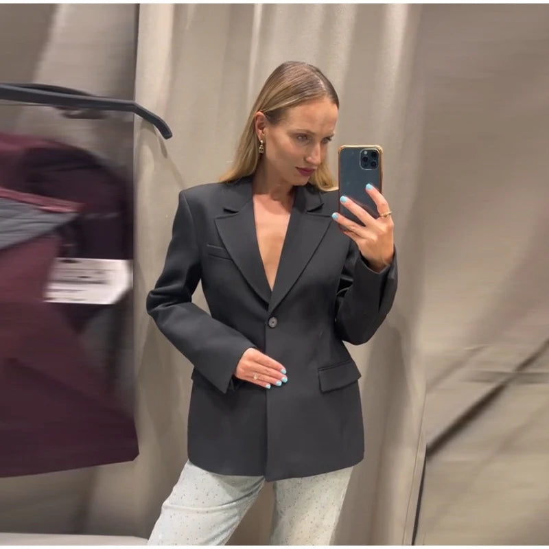 Elegant Shoulder Pad Slim Suit Jackets Women Solid Lapel Long Sleeved Jacket Female 2025 Spring Chic Daily Style Outwears Tops