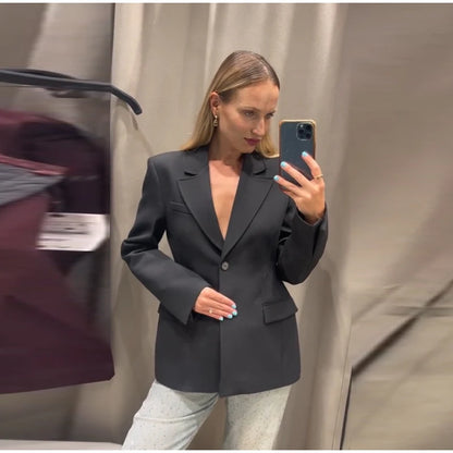 Elegant Shoulder Pad Slim Suit Jackets Women Solid Lapel Long Sleeved Jacket Female 2025 Spring Chic Daily Style Outwears Tops