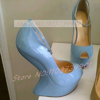 Peep Toe Platform Wedge Pumps Women Sexy Ankle Strap Gold Shiny High Heels Shoes Female Fashion Events Nightclubs Party Pumps