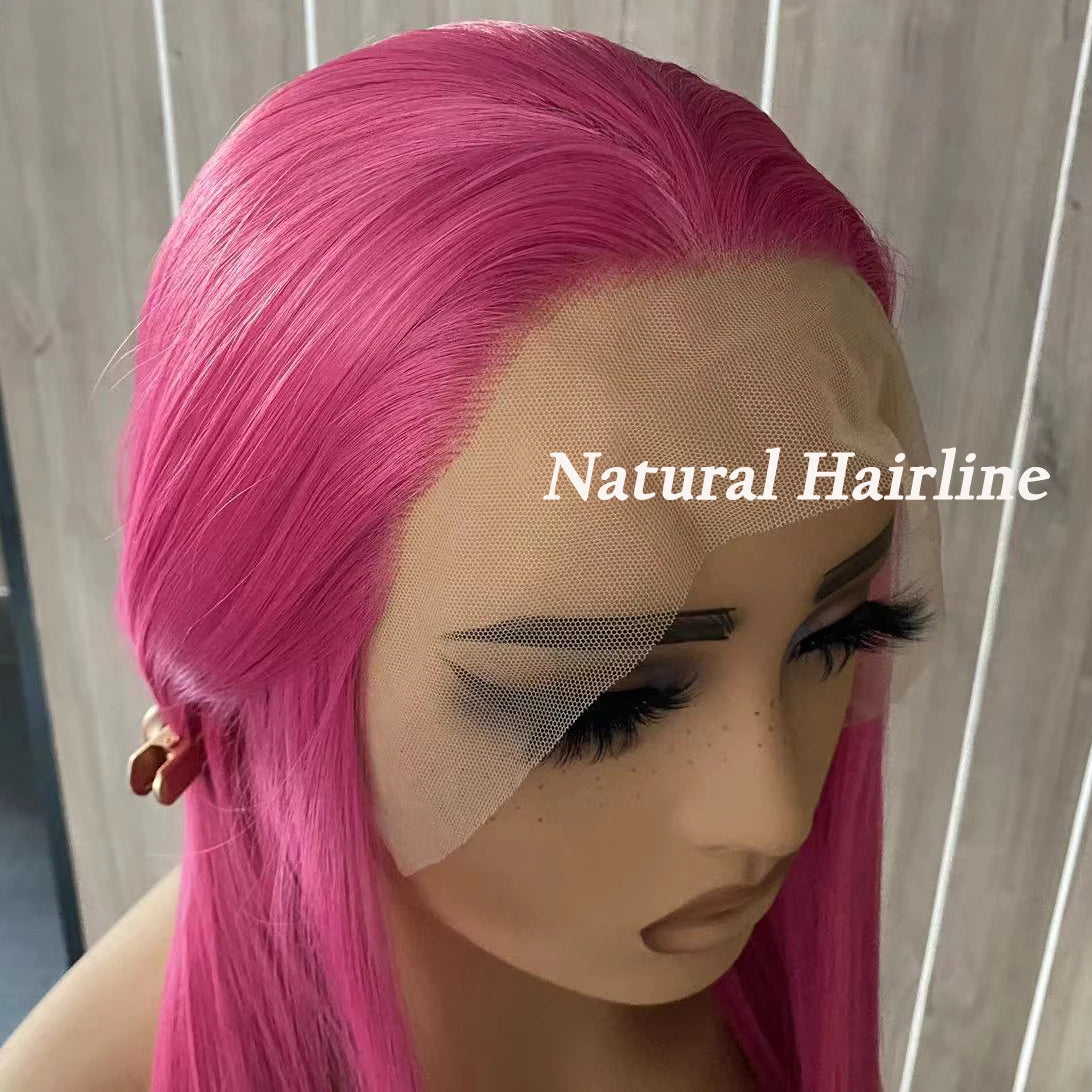Hot Pink Lace Front Wig Synthetic Long Silky Straight Hair Rose Red Natural Hairline Daily Use Heat Resistant Hair Cosplay Party
