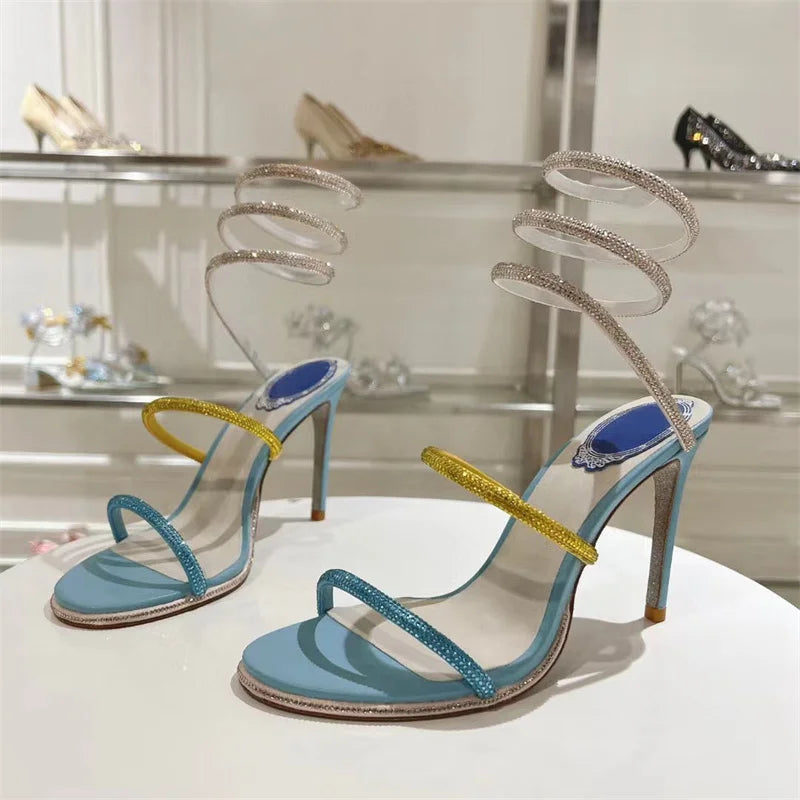 Summer Crystal Gladiator Sandals Women Rhinestone Twine Around Ankle Snake Wedding Shoes High Heels Sandals Woman