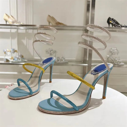 Summer Crystal Gladiator Sandals Women Rhinestone Twine Around Ankle Snake Wedding Shoes High Heels Sandals Woman