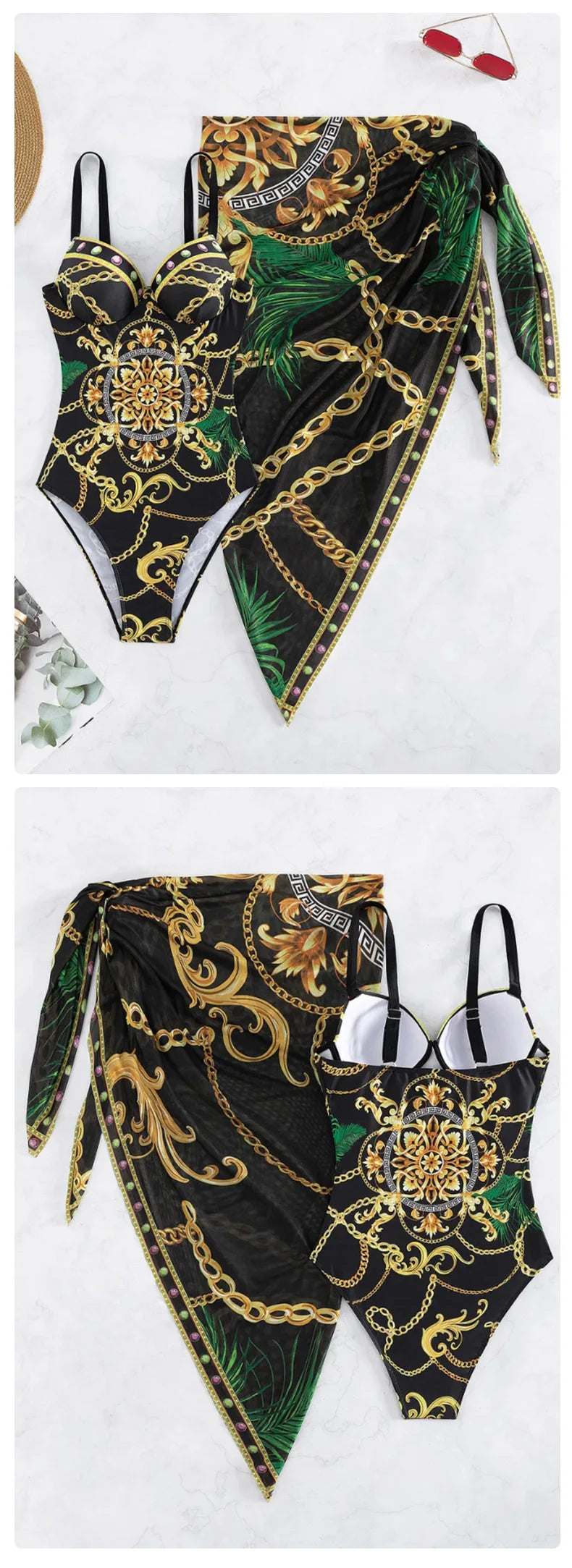 Underwire Women Sexy Swimsuit 2 Piece Swimwear Slim Monokini Chains Print Push Up Bikini Black Blue Green Beachwear Light Luxury
