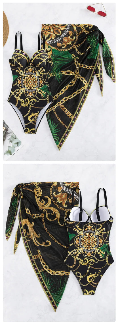 Underwire Women Sexy Swimsuit 2 Piece Swimwear Slim Monokini Chains Print Push Up Bikini Black Blue Green Beachwear Light Luxury