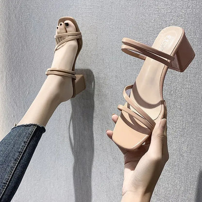 Women Sandals Ladies Square Heels Elegant Summer Slippers Outside Cross Tied Leather Female Slides 2025 Fashion Woman Sandals