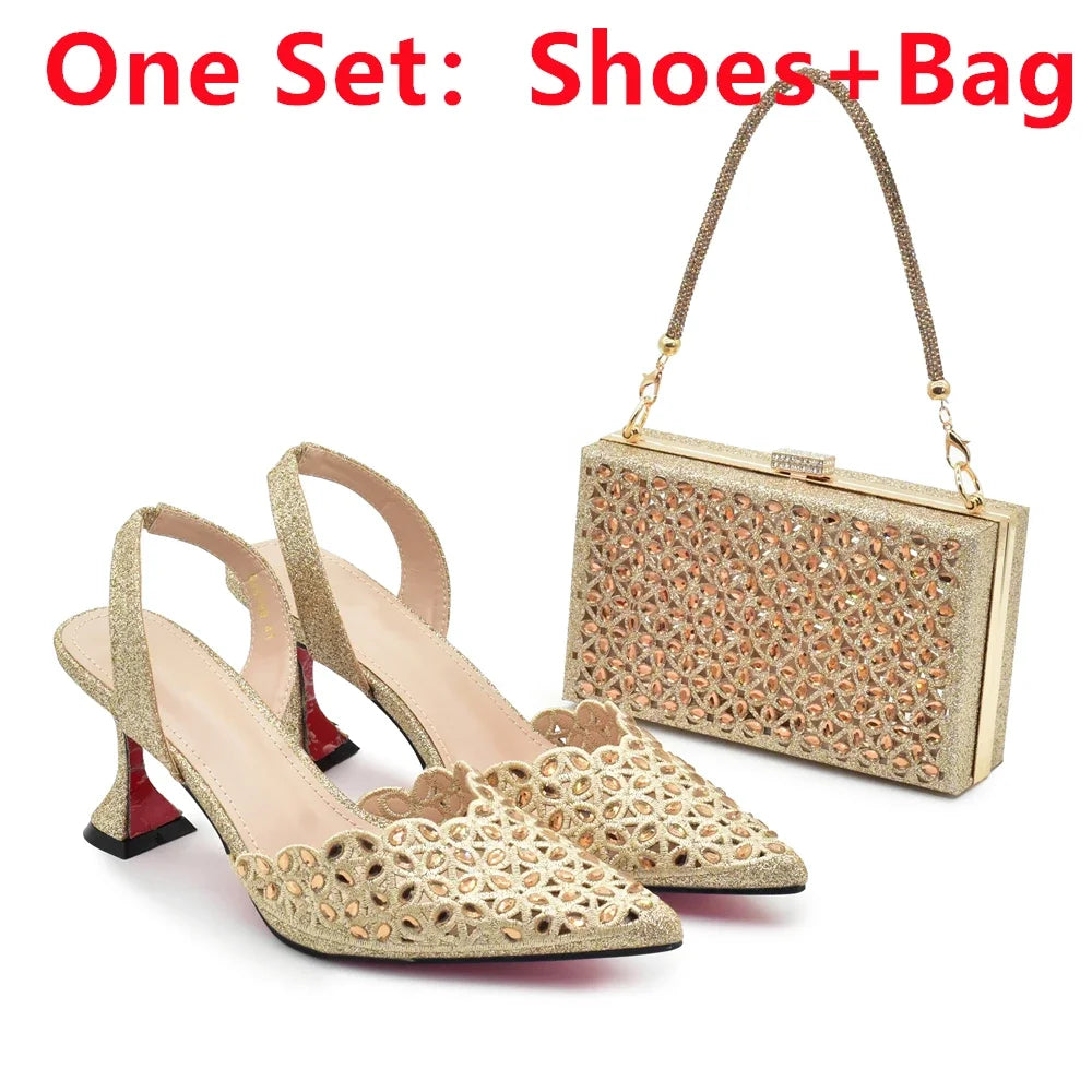 Gold Shoes and Bags Set for Women Ladies Shoe and Bag Set Latest Designers Pointed Toe Shoes Sexy Wedding Party Sandals