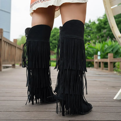 Women Boots Tassel Pointed Toe Thin Heels Women's Boots Suede Multi Fringe Knee High Boots Street-Style Party Fashion Shoes