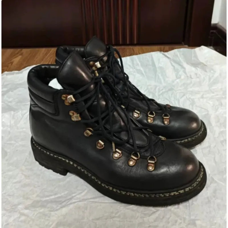 Men's Suede Leather Motorcycle Boots Rivet Mountaineering Shoes Lace-Up Metal Outdoor Mid-calf Western Hiking Boots