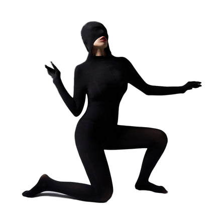 Sexy Women 120D Tights Hooded Mask Elastic Bodysuit Sheer See Through Rompers Glove Jumpsuits Cosplay Maid Leotard