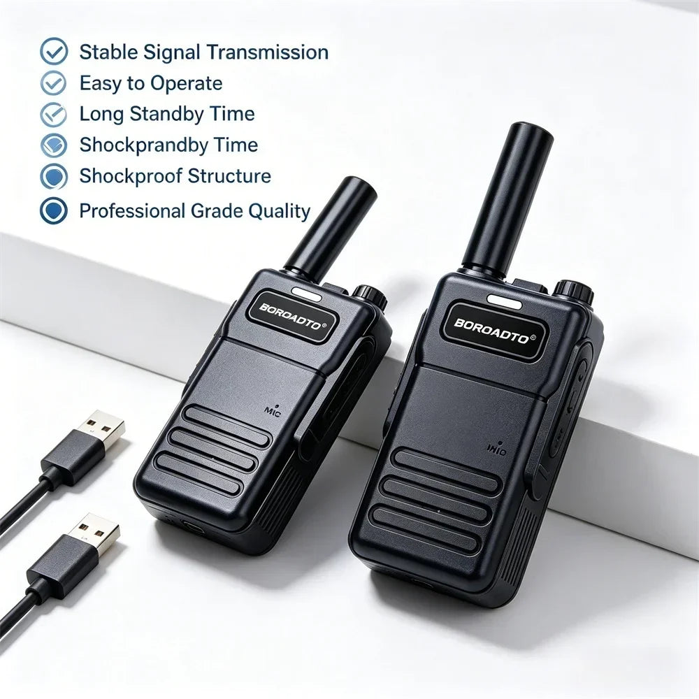 2Pcs Mini Walkie Talkie Set 16 Channels UHF 400-470MHz Baofeng Style Two-Way Radio Long Range Rechargeable Portable Communicatio