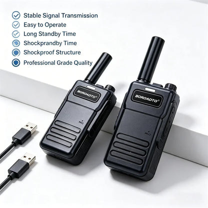 2Pcs Mini Walkie Talkie Set 16 Channels UHF 400-470MHz Baofeng Style Two-Way Radio Long Range Rechargeable Portable Communicatio