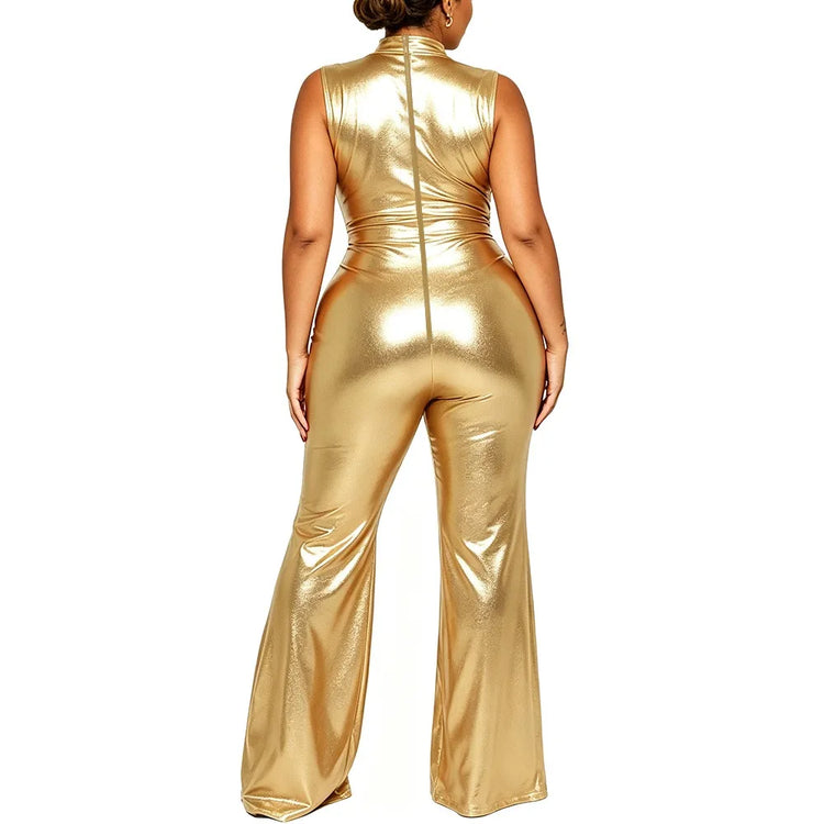Plus Size Nightclub Wear Jumpsuit Shiny Metallic Sleeveless Women Elegant Jumpsuit Sexy Mock Neck Rompers Wide Leg Long Pants
