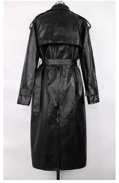 Nerazzurri Spring Autumn Long Oversized Colorful Snakeskin Print Patent Leather Trench Coat for Women Belt Runway Fashion 2022