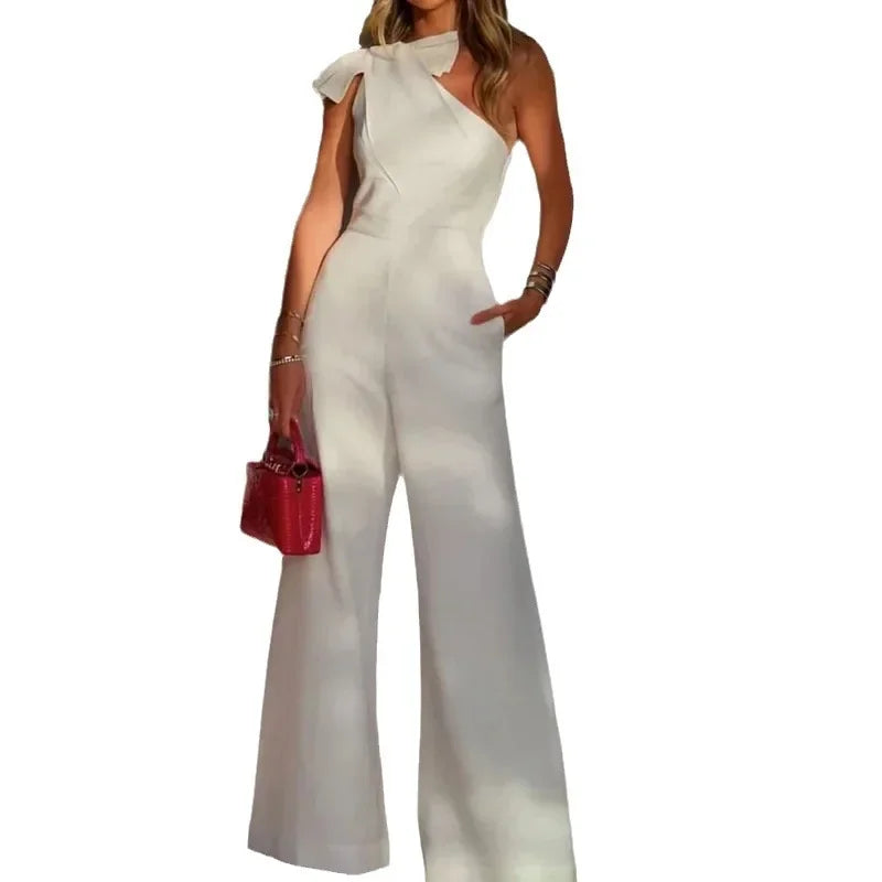 Women Off Shoulder Jumpsuits One Piece Lace Up Summer High Waist Wide Leg Long Pants Overalls Y2k Elegant Rompers Bodysuit
