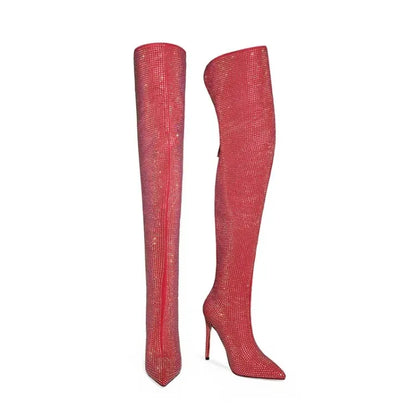 Silver Black Rhinestone 12cm High Heel Long Boots New Fashion Show Shiny Diamond Pointed Women's Over The Knee Boots Size 34-46