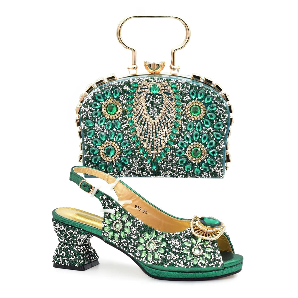 Italian Shoes and Bags Matching Set with Rhinestone Nigerian Women Shoes and Bag Set with Appliques Full Crystal for Dress