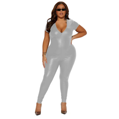 Deep V-neck Women Bodycon Jumpsuits Matte PU Leather Short Sleeve Skinny Zentai Ravely Party Club Stage Performance 8XL