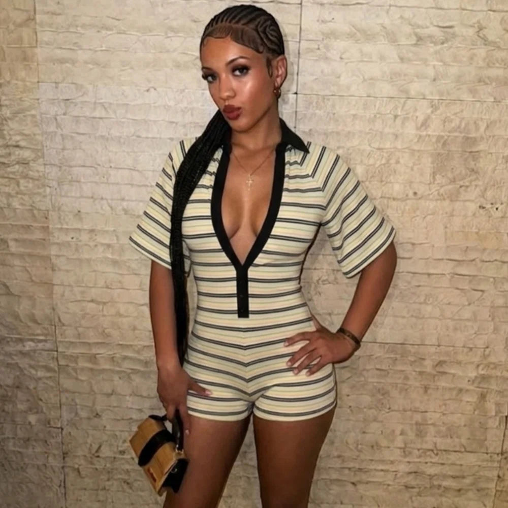 FLARORA Trend Stripe Print Rompers Woman Sexy Deep V Neck Short Sleeve Skinny Peach Hip Playsuits Hot Girl Party Club Overalls