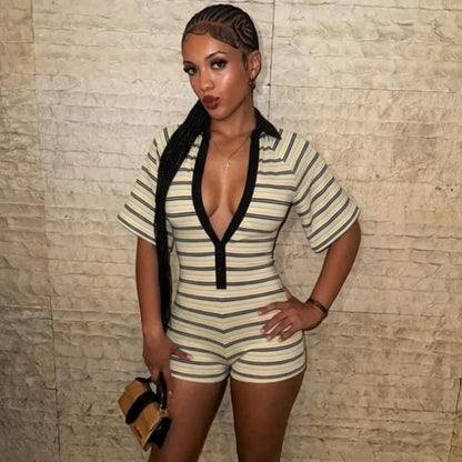 FLARORA Trend Stripe Print Rompers Woman Sexy Deep V Neck Short Sleeve Skinny Peach Hip Playsuits Hot Girl Party Club Overalls