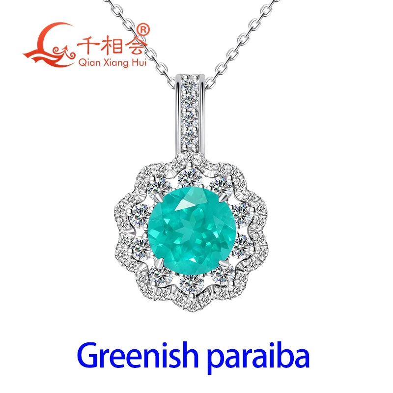 925 Sterling Silver 8mm Round YAG Paraiba Neon Blue/Greenish  Tourmaline Pendant Necklace, Flower Halo Moissanite Pendant Women